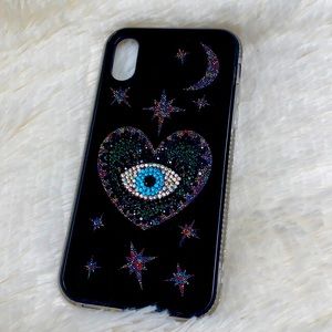 Shein iPhone X / XSBlack Blue Heart Seeing Eye Rhinestone Jeweled Phone Cover